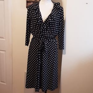 Chaps Faux Wrap Polka Dot Midi Dress,  B&W, Sz XL